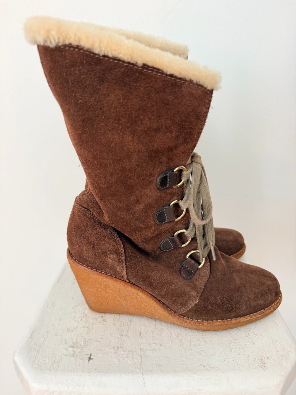 Cole Haan Nike Air Waterproof Suede Shearling Wedge Boots Brown 7B